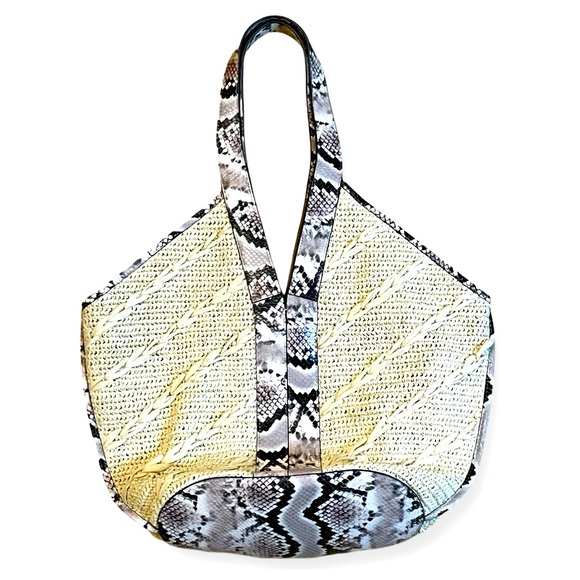 VINCE CAMUTO Afina raffia straw, canvas and snakeskin leather tote EUC - Picture 2 of 13